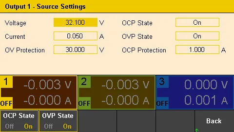 Over voltage and over current protection settings on the DC power supply