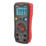 Right side slanted shot of UNI-T UT60BT red anti-drop casing multimeter with 9999 DC reading on backlight LCD