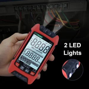 Electrician holding the auto-ranging digital multimeter with the dual LED flashlights turned on