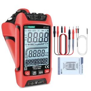 Complete package of the XT-V2 True RMS digital multimeter including test leads, temperature probe, and user manual