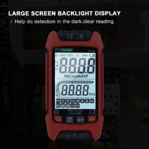 The auto-ranging digital multimeter displaying clear numbers on its large backlit LCD screen in the dark