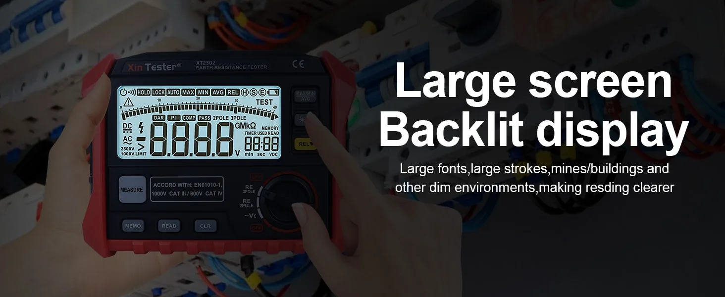 Large backlit LCD display on the XT2302 digital ground meter