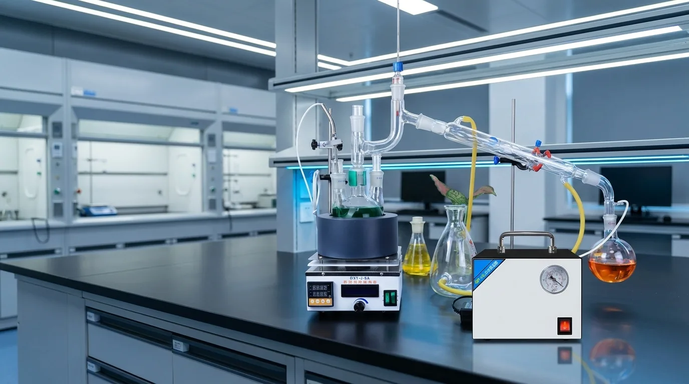 Complete rotary evaporation system setup featuring digital heating bath, PTFE vacuum pump, and recirculating chiller in chemistry laboratory