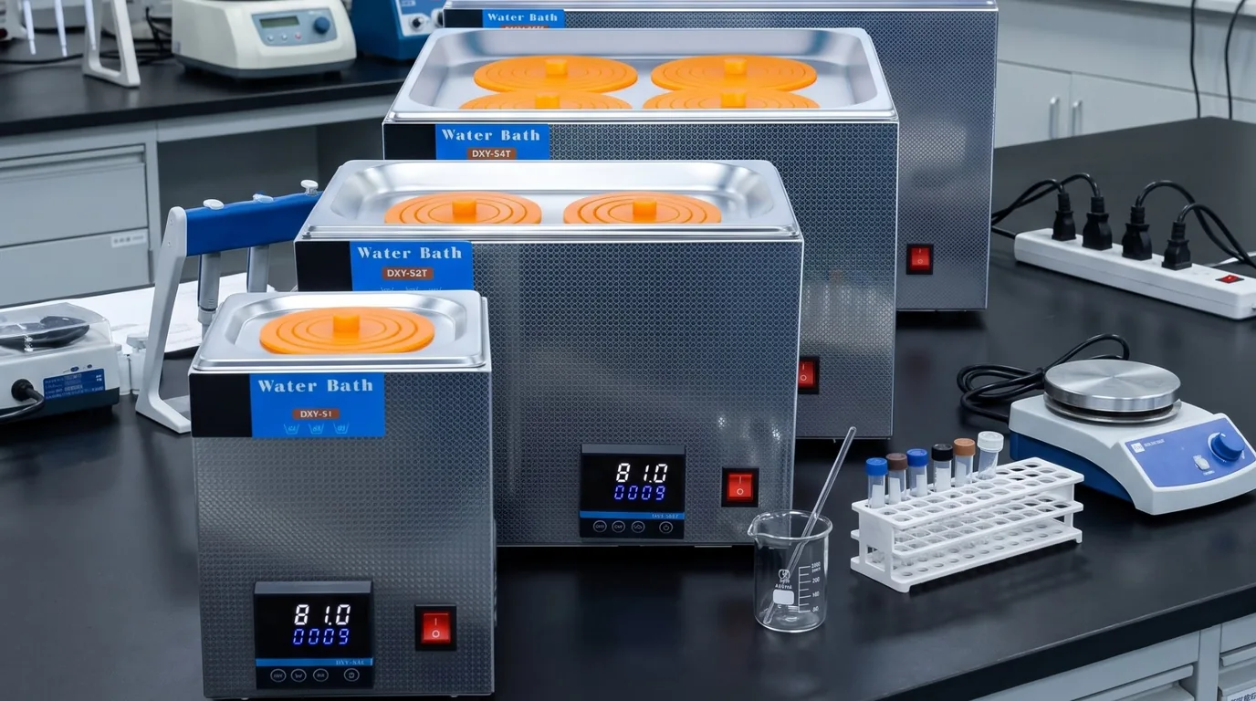Four LVDALAB DXY digital water baths, from 1-hole to 6-hole models, with orange silicone lids arranged on a black laboratory bench in a modern lab