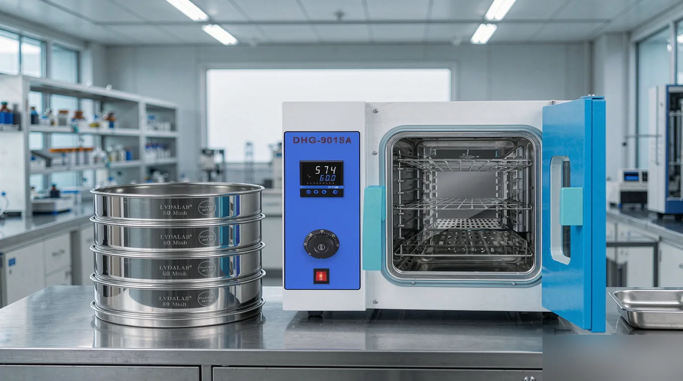 Particle size analysis equipment group photo: stainless steel test sieves with collection pan and forced air drying oven on a laboratory bench