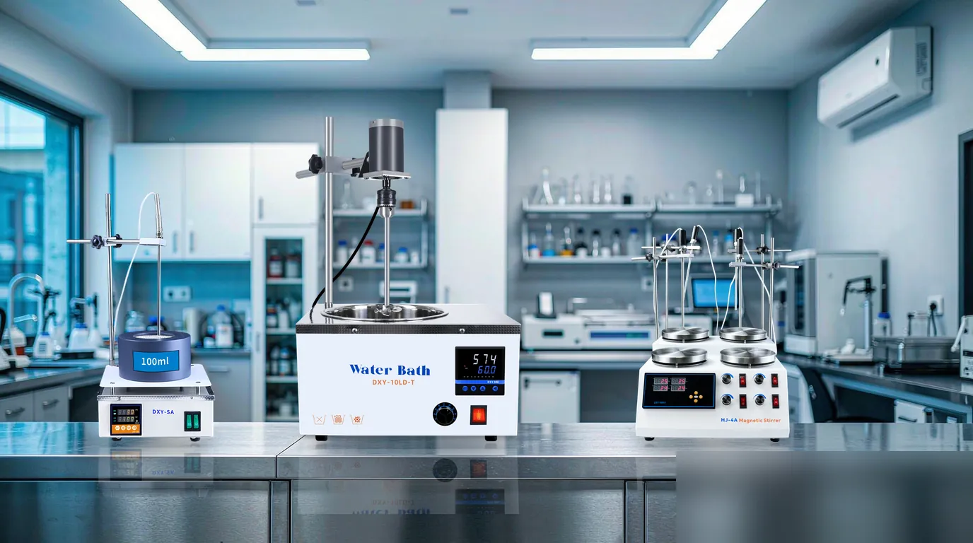 Stirring and heating setup - water bath with overhead stirrer, heating mantle and magnetic stirrer on lab bench