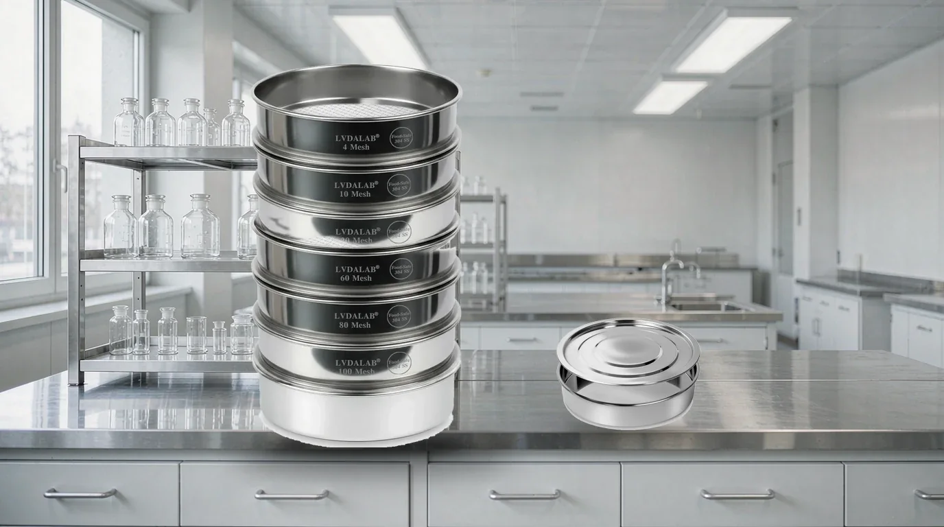 Six stacked LVDALAB 304 stainless steel test sieves, 4 to 100 mesh, with a matching collection pan and lid standing on a stainless steel laboratory bench
