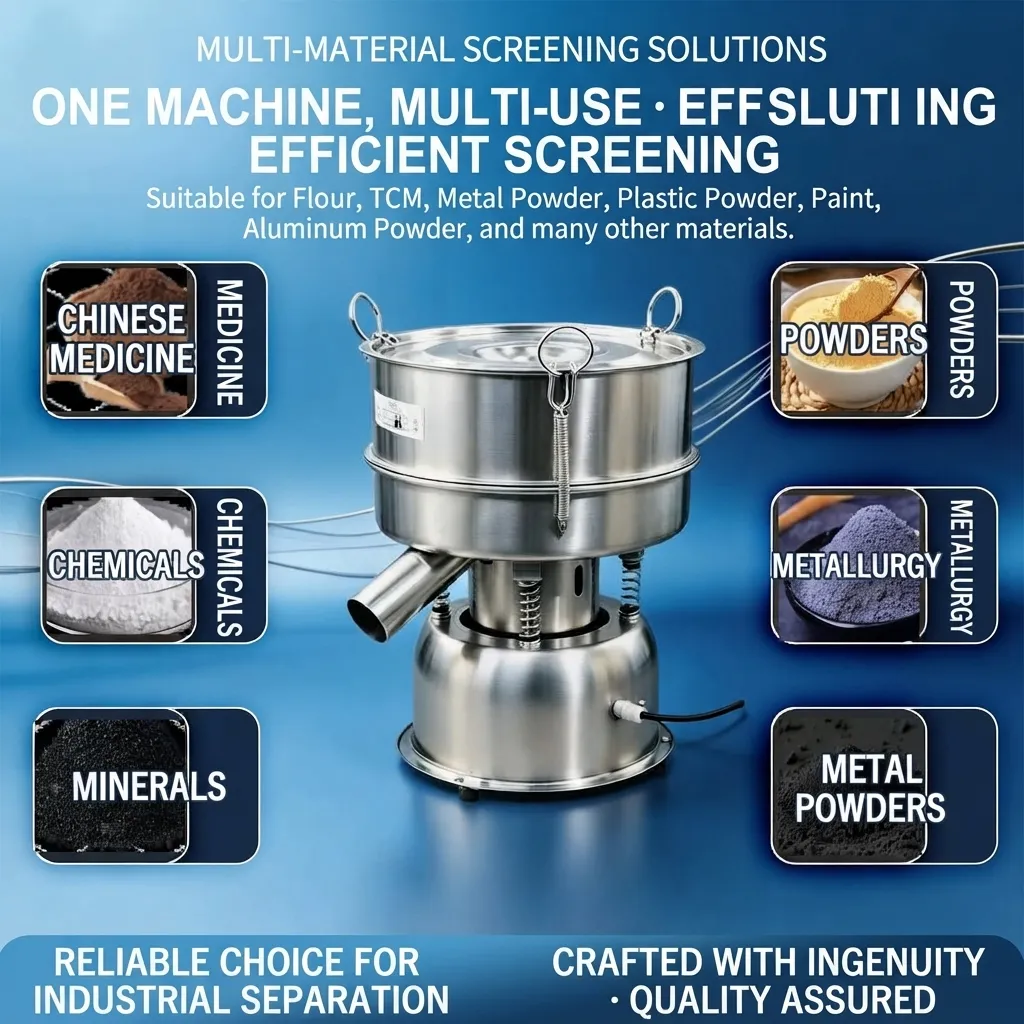 Industrial vibrating sifter machine separating various materials including chemicals, powders, and metallurgy minerals