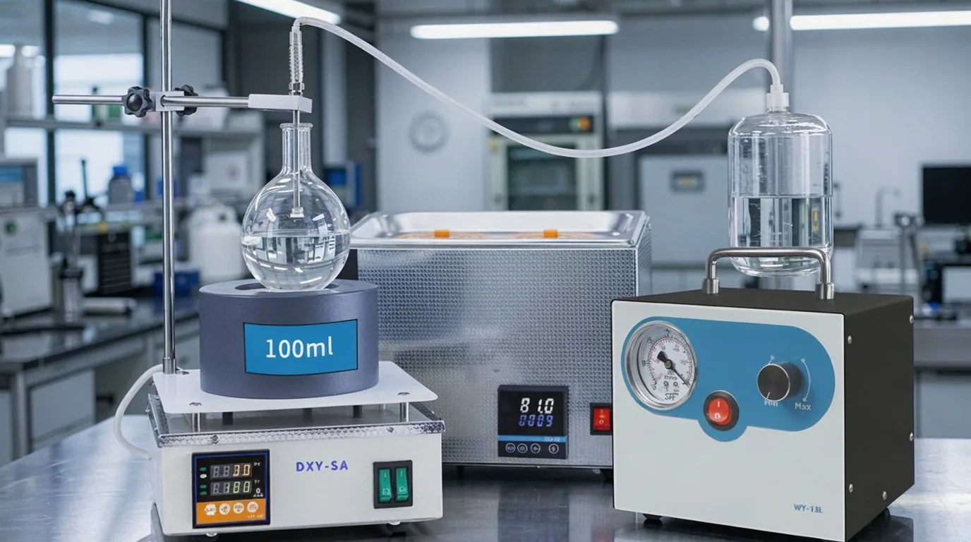 Complete rotary evaporator setup on a laboratory bench: DXY-SA heating mantle with a 100 mL round-bottom flask, distillation condenser, digital water bath, and WY-15L oil-free diaphragm vacuum pump connected for solvent recovery.
