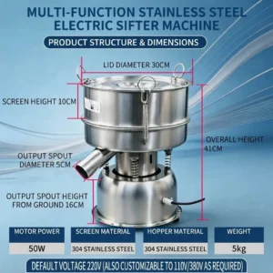 Multi-function electric vibrating sieve shaker dimensions showing 30cm lid and 304 stainless steel specifications