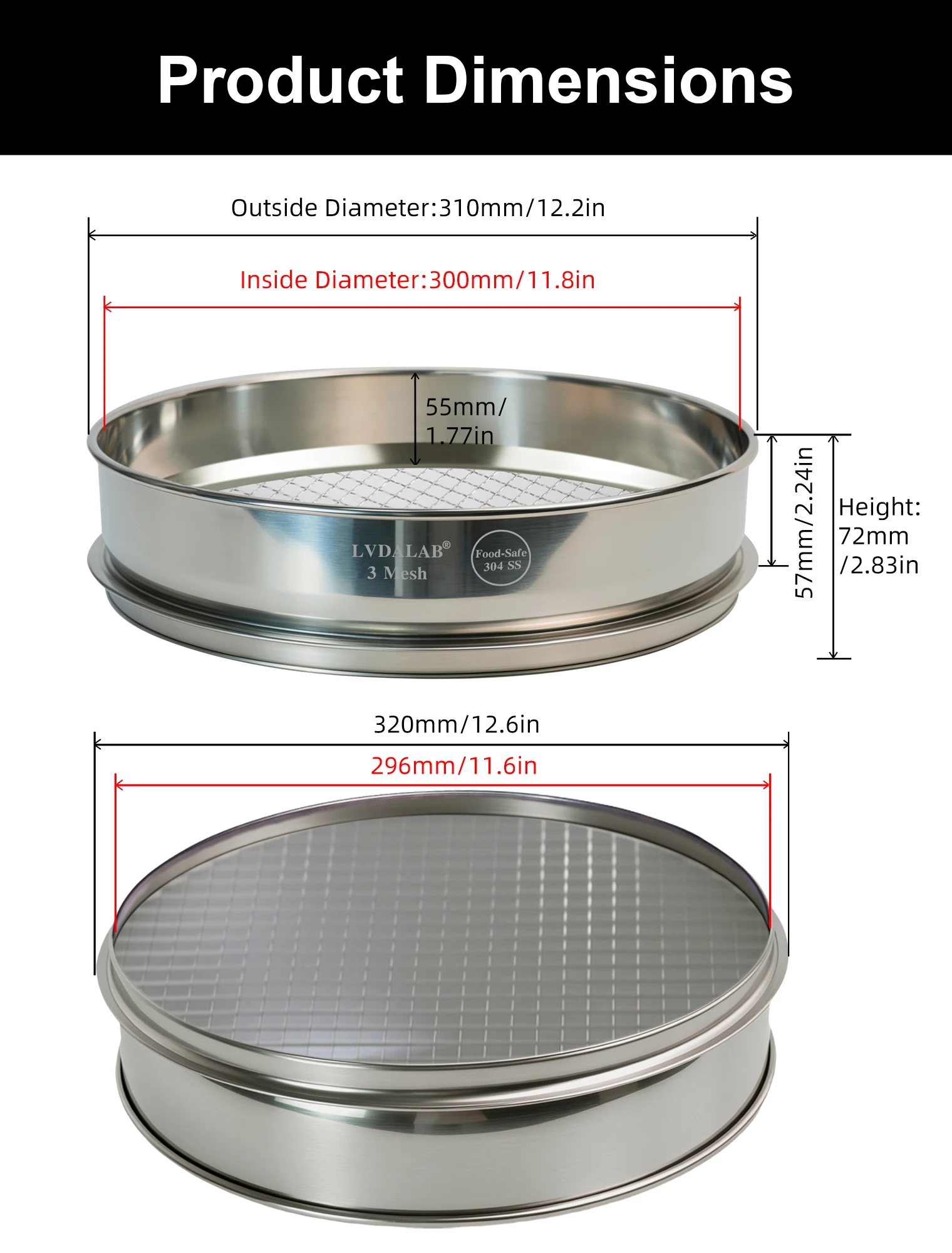 Dimension drawing of the 30 cm stainless steel lab sieve showing 310 mm outside diameter, 300 mm inside diameter, 72 mm overall height and 320 mm diameter when nested with the pan